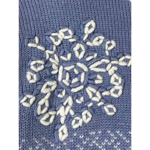 Vintage Sweater Large Blue Cream 3D Snowflakes Sleigh Trees Long Lucia Petites - Picture 8 of 14